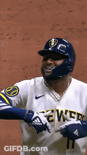 Baseball Player In Brewers Jersey Pointing GIF