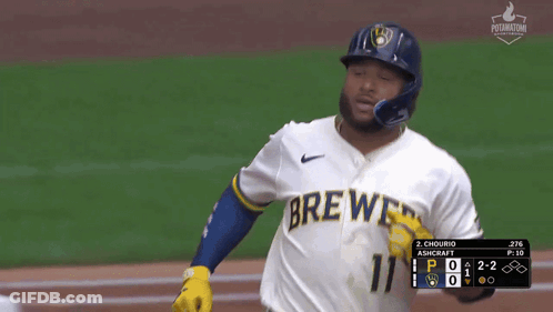 Baseball Player In Brewers Jersey Running To Home Plate GIF