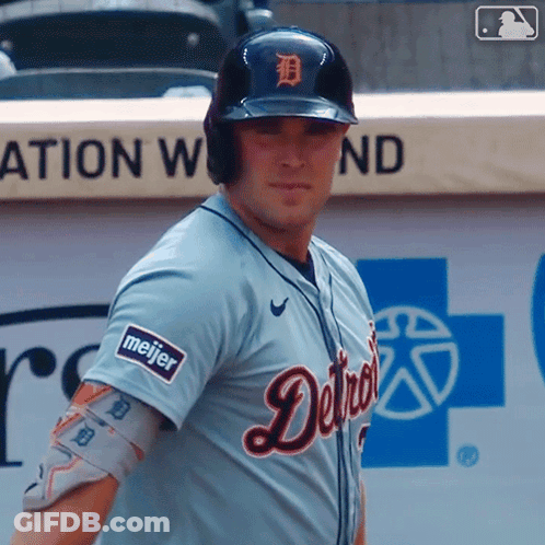 Baseball Player In Detroit Jersey With Meijer Sticker GIF