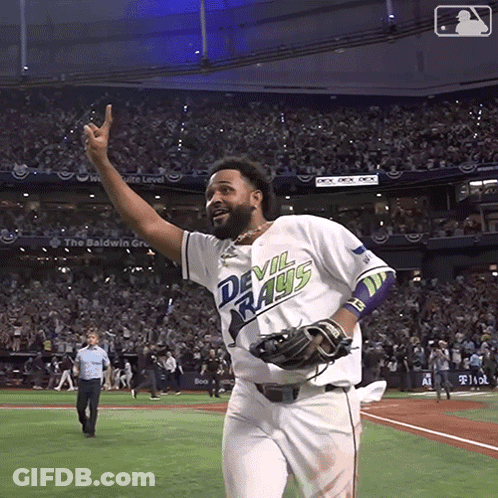 Baseball Player In Devil Rays Jersey Holding Up Hand GIF