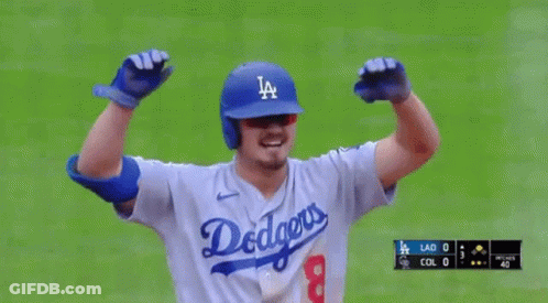 Baseball Player In Dodgers Jersey Arms Up GIF