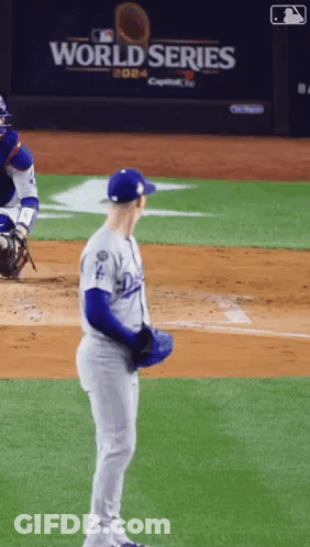 Baseball Player In Front Of World Series Wall GIF