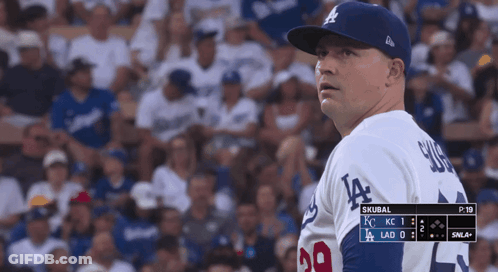 Baseball Player In LA Jersey In Front Of Crowd GIF