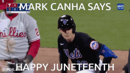 Baseball Player In Mets Jersey Says Happy Juneteenth GIF