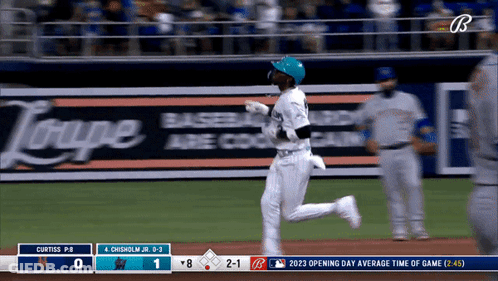 Baseball Player In Miami Jersey Runs To Base GIF