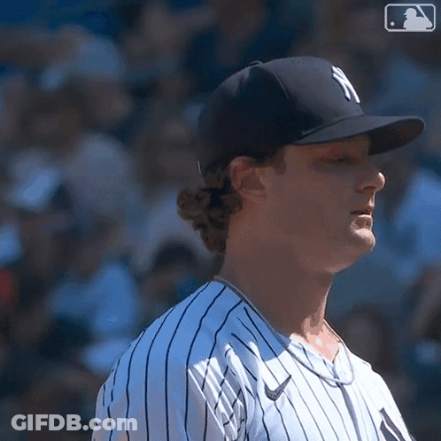 Baseball Player In NY Hat And Striped Shirt GIF