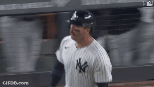 Baseball Player In NY Yankees Uniform And Helmet GIF