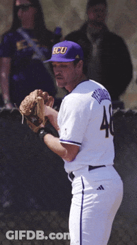 Baseball Player In Purple Hat Saying ECU GIF