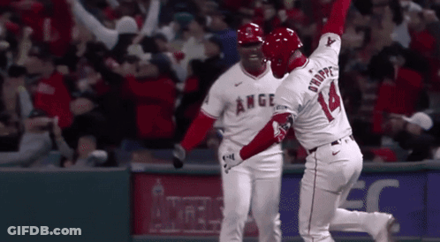 Baseball Player In Red Angels Jersey In Dugout GIF