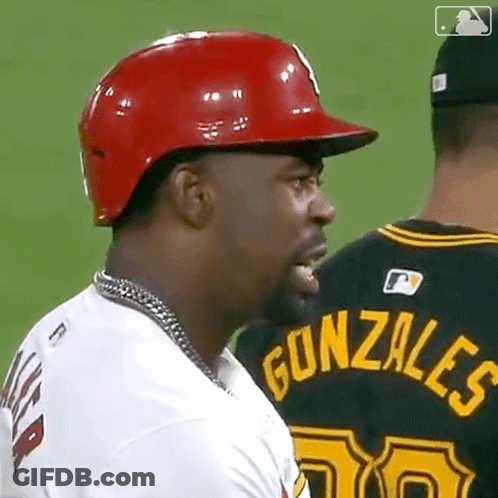 Baseball Player In Red Helmet Talking To Gonzales GIF