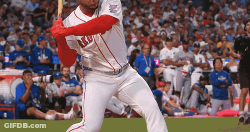 Baseball Player In Red Sox Uniform Swinging GIF