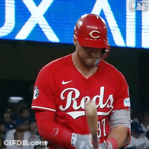 Baseball Player In Reds Jersey Holding Bat GIF