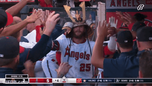 Baseball Player In Samurai Hat Surrounded By Angels Fans GIF