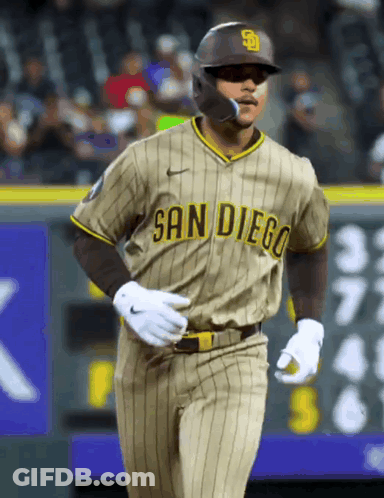 Baseball Player In San Diego Uniform Running To Home Plate GIF