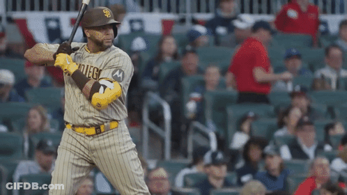 Baseball Player In San Diego Uniform Swinging Bat GIF