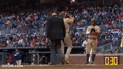 Baseball Player In San Diego Uniform Talking To Referee GIF