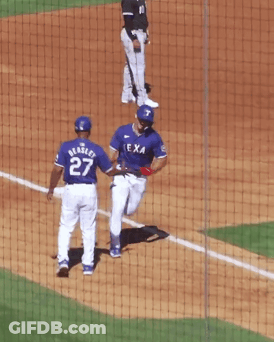 Baseball Player In Texas Jersey Congratulated By Teammate GIF