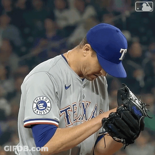 Baseball Player In Texas Jersey Looking Down GIF
