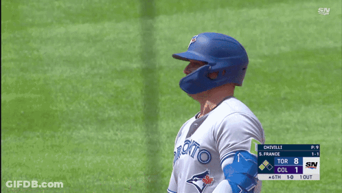 Baseball Player In Toronto Jersey Looking At Scoreboard GIF