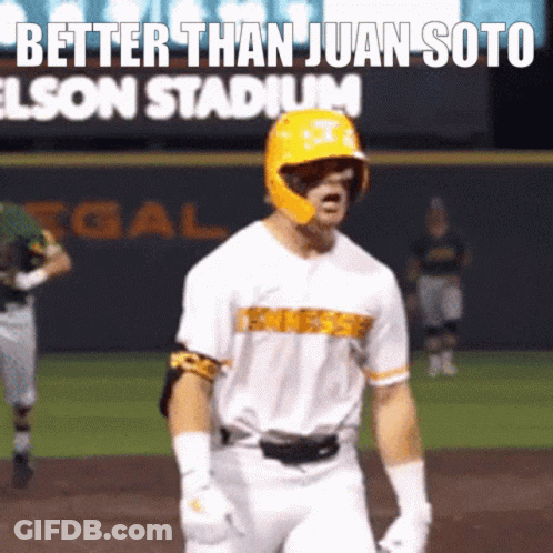 Baseball Player In Yellow Helmet Saying Better Than Juan Soto GIF