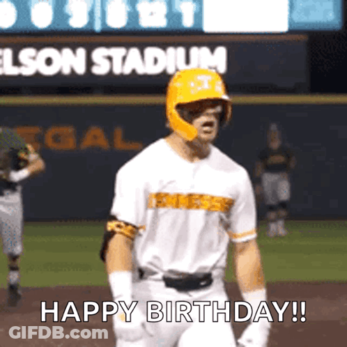 Baseball Player In Yellow Helmet Says Happy Birthday GIF