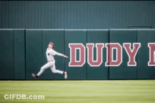 Baseball Player Jumps For Ball Near Dudy Wall GIF