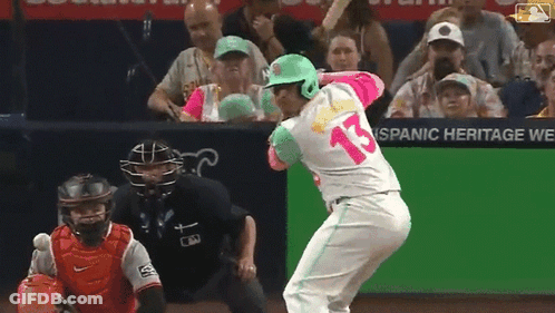 Baseball Player Number 13 Swinging At Pitch GIF