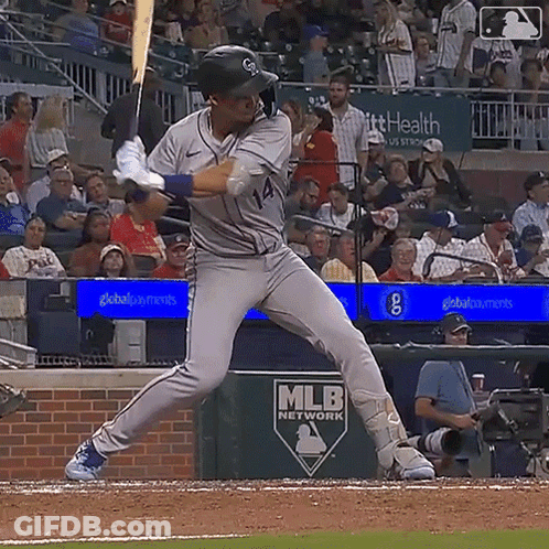 Baseball Player Number 14 Swinging At Pitch GIF