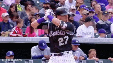 Baseball Player Number 27 Swinging At Pitch GIF