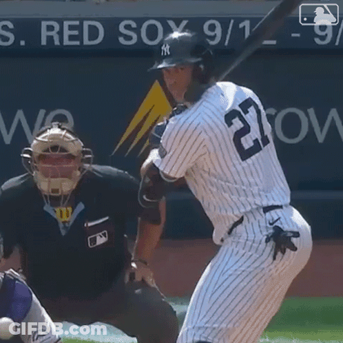 Baseball Player Number 27 Swinging At Pitch GIF