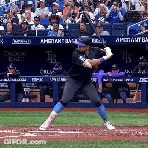 Baseball Player Ready To Swing At Ball Under Ameriant Bank Banner GIF