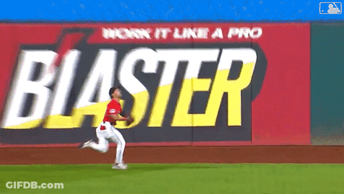 Baseball Player Running In Front Of Blaster Sign GIF