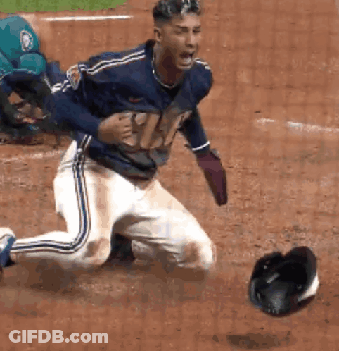 Baseball Player Sliding Into Base Catcher Catching Ball GIF