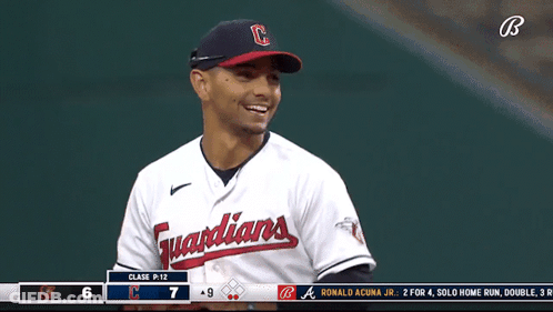 Baseball Player Smiles In Guardians Jersey GIF