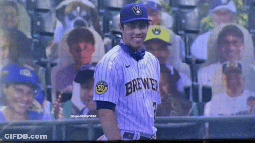 Baseball Player Smiling In Brewers Jersey GIF