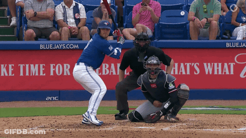 Baseball Player Swinging At Ball In Front Of Bluejays.com Banner GIF