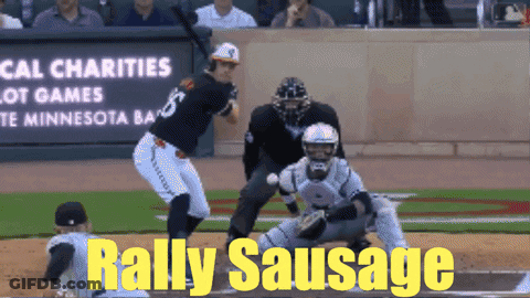 Baseball Player Swinging At Ball Rally Sausage GIF