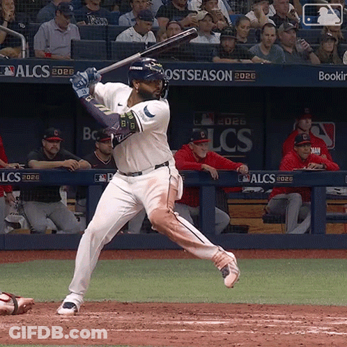 Baseball Player Swinging At Ball With Postseason Banner GIF