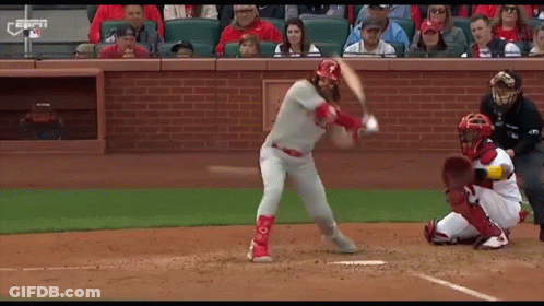 Baseball Player Swinging At Pitch Catcher Watching GIF