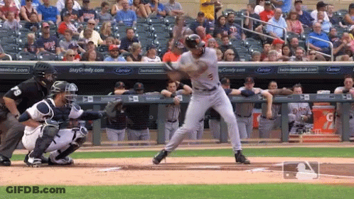 Baseball Player Swinging At Pitch Near Gatorade Sign GIF