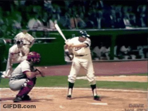 Baseball Player Swinging Bat Catcher Watching GIF