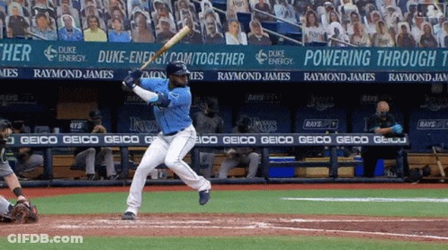Baseball Player Swinging Bat In Front Of Duke Energy Banner GIF