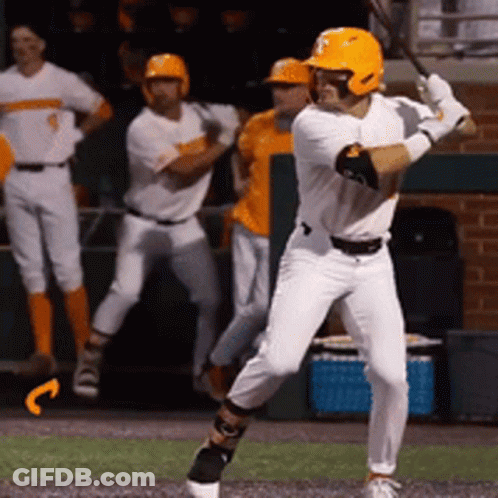 Baseball Player Swinging Bat In Orange Helmet GIF