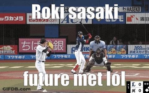 Baseball Player Swinging Bat Saying Roki Sasaki Future Met Lol GIF