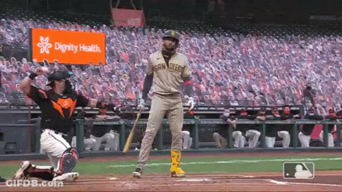 Baseball Player Swinging Bat While Catcher Tags Him Out GIF
