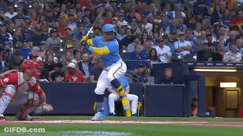 Baseball Player Swinging Bat With Catcher Watching GIF