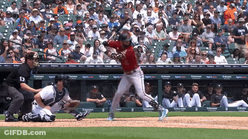 Baseball Player Swings Bat At Pitch With Tigers Crowd GIF