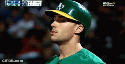 Baseball Player Wearing Green And Yellow A's Cap GIF