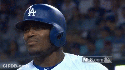 Baseball Player Wearing LA Helmet Looking Left GIF