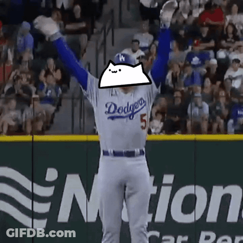 Baseball Player With Dodgers Jersey And Cat On Head GIF